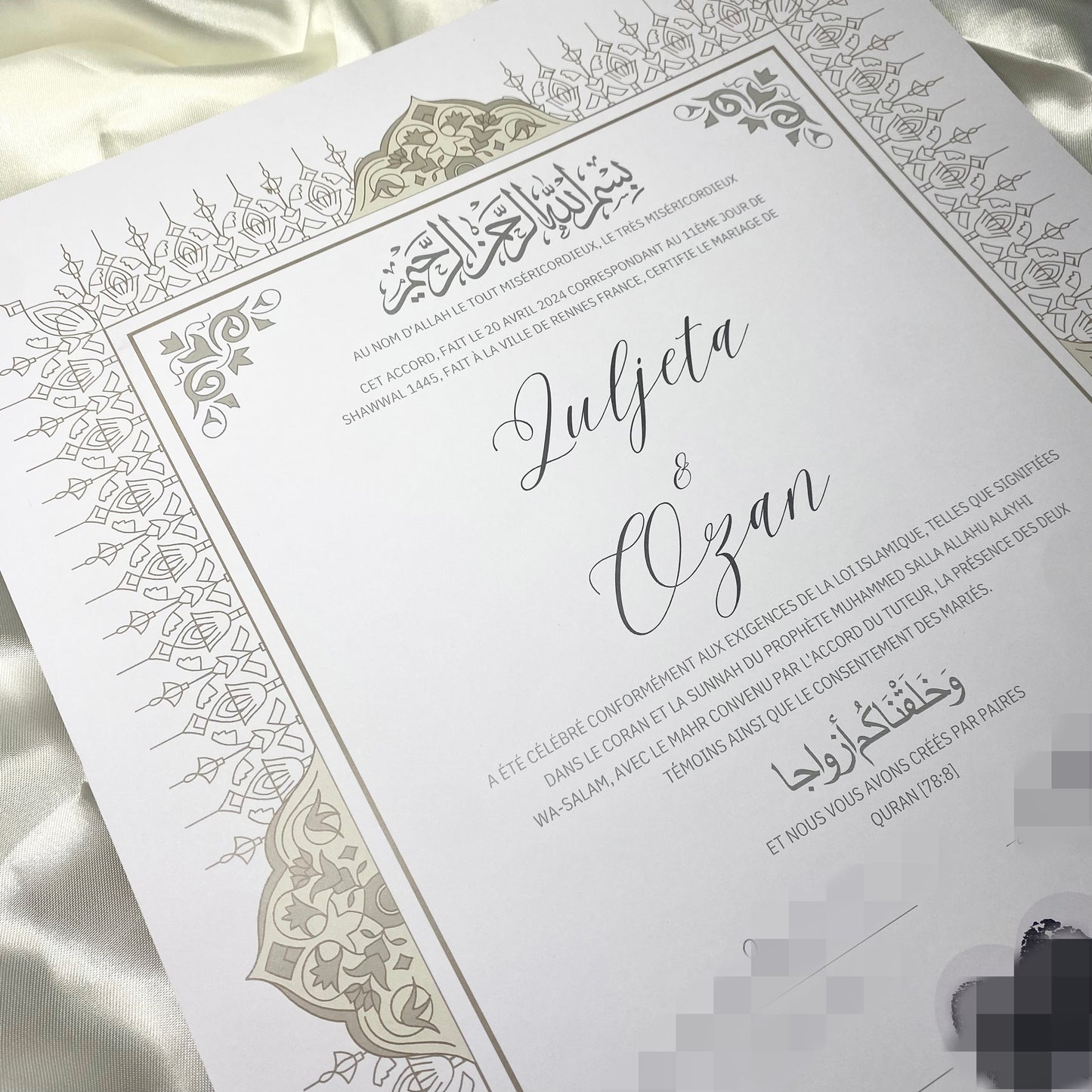 Certificat de Nikkah Personnalisé – Pour Sceller Votre Union